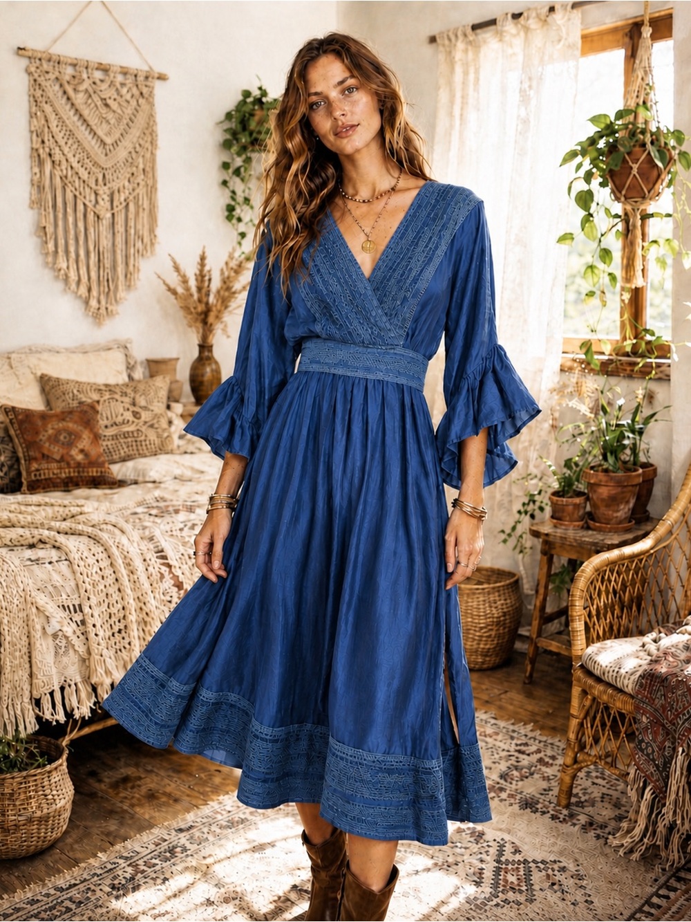 Plenty Tracy Reese Silk Boho Midi Dress Blue Embroidered V Neck 4